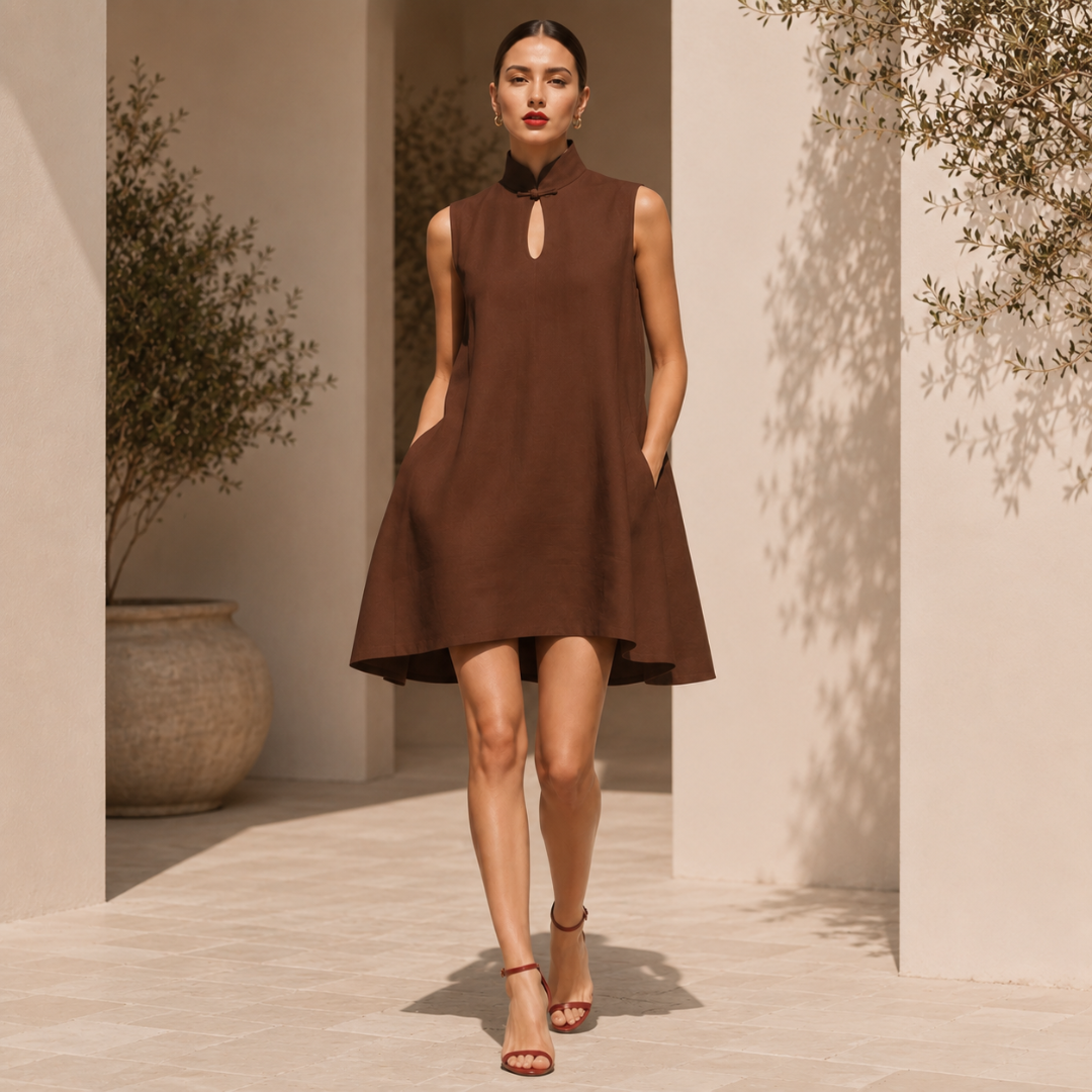 Robe Femme Trapèze Courte Col Mao Boutonné Sans Manches Avec Poches Été Cocktail Chic | Rosalie