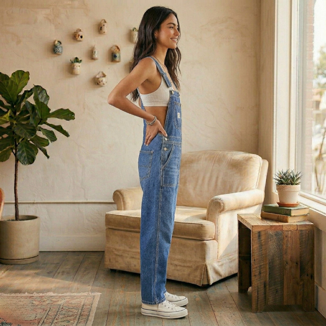 Combinaison Salopette Femme Jean Bretelles Larges Coupe Droite Casual | Zélie