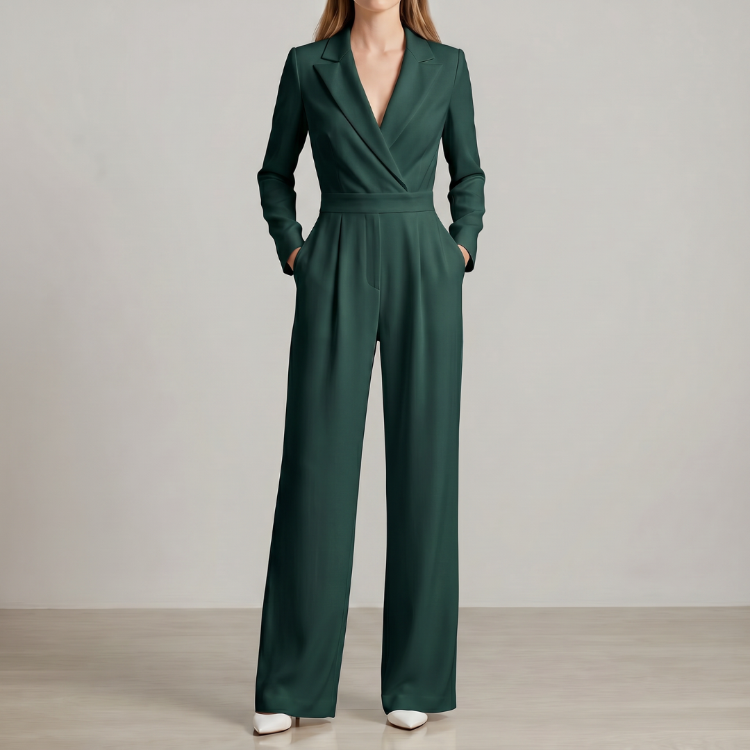 Combinaison Femme Longue Col V Croisé Manches Longues Élégante | Selina