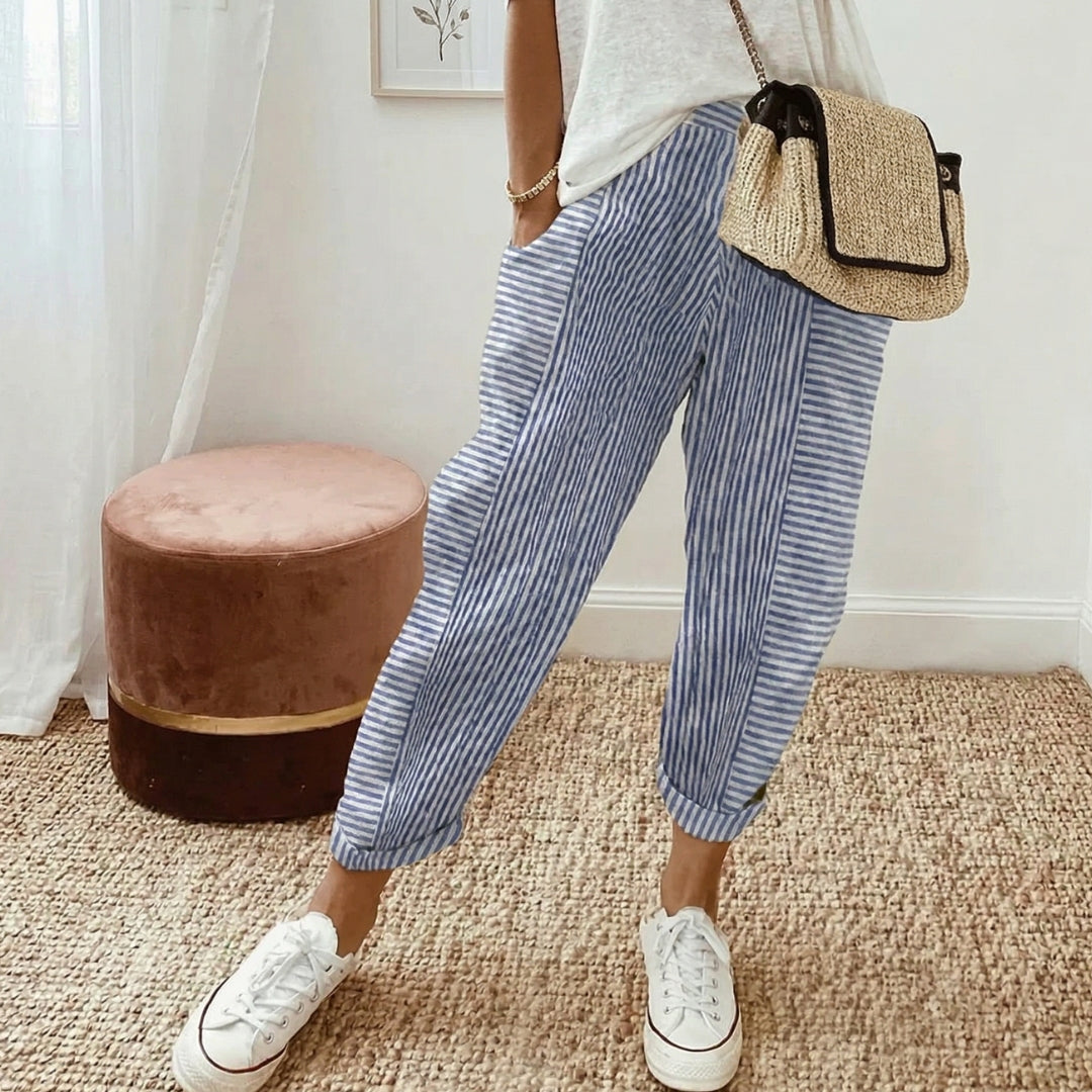 Pantalon Femme Rayé Coupe Droite Taille Élastique Été Casual Bleu Clair | Amaya