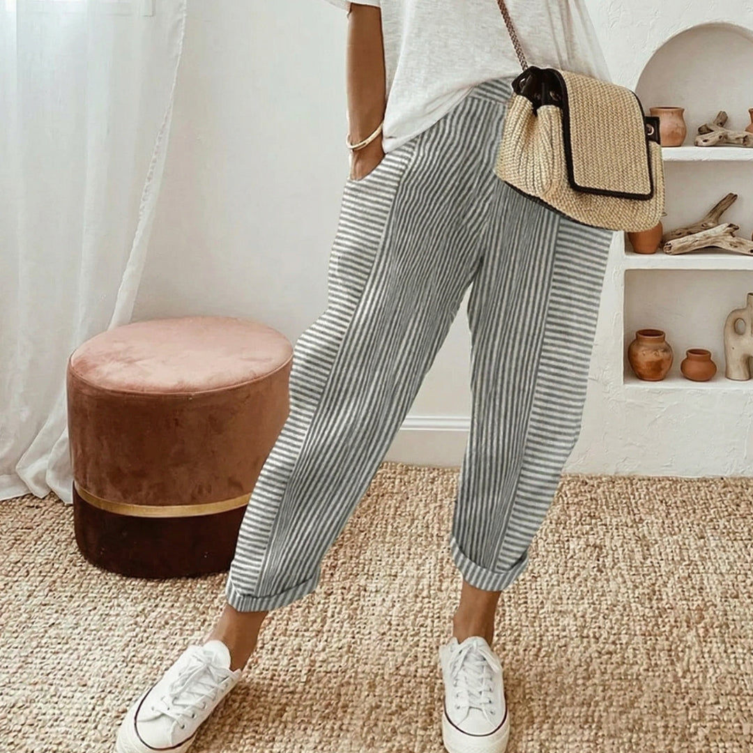 Pantalon Femme Rayé Coupe Droite Taille Élastique Été Casual Gris Clair | Amaya