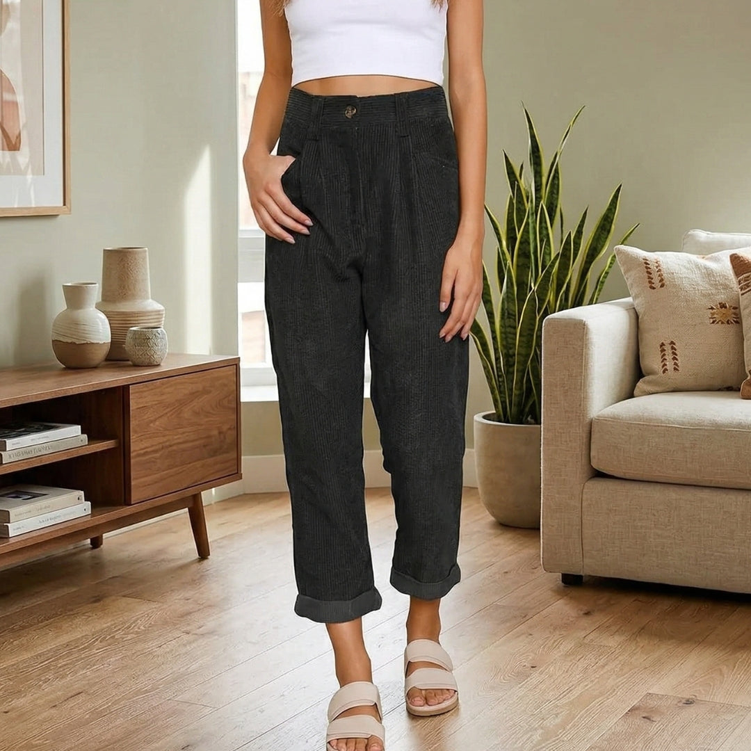 Pantalon Femme Taille Haute Coupe Ample Ceinture Lin Casual Noir | Aurélia
