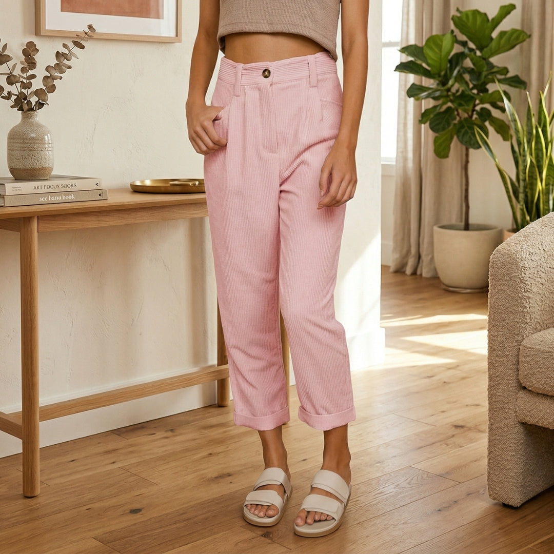 Pantalon Femme Taille Haute Coupe Ample Ceinture Lin Casual Rose | Aurélia