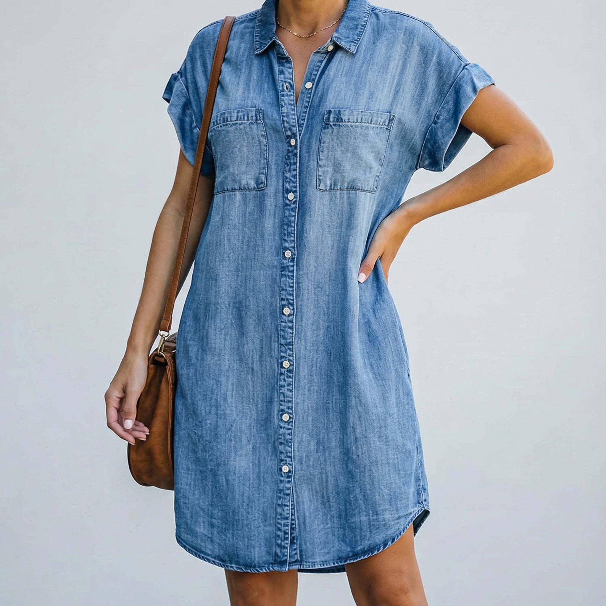 Robe chemise en jean bleu moyen à manches courtes retroussées, col pointu, fermeture boutonnée et poches poitrine, associée à un sac bandoulière marron