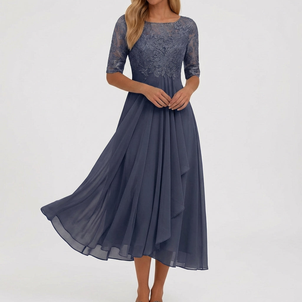 Robe midi en mousseline gris à manches trois-quarts avec haut en dentelle et jupe fluide évasée