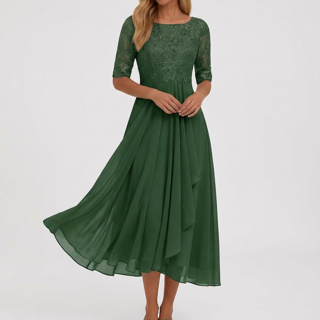 Robe midi en mousseline vert foncé à manches trois-quarts avec haut en dentelle et jupe fluide évasée