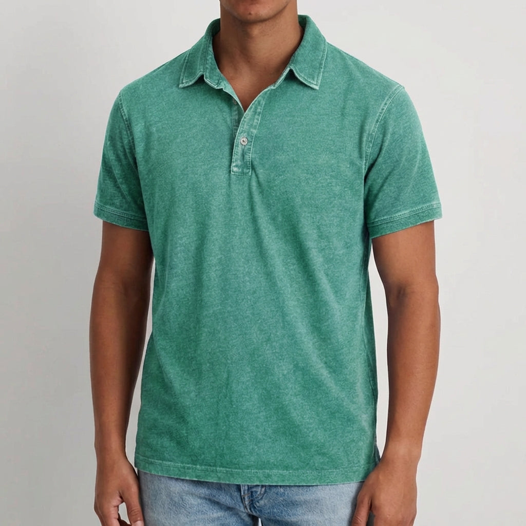 Polo homme vert menthe à manches courtes avec col boutonné et poche poitrine, coupe décontractée