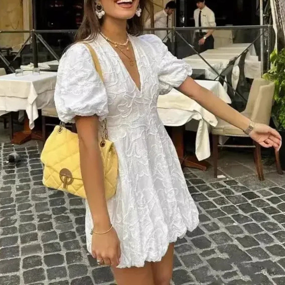 Robe Femme Courte Col V Manches Bouffantes Broderie Anglaise Bohème Chic | Capucine
