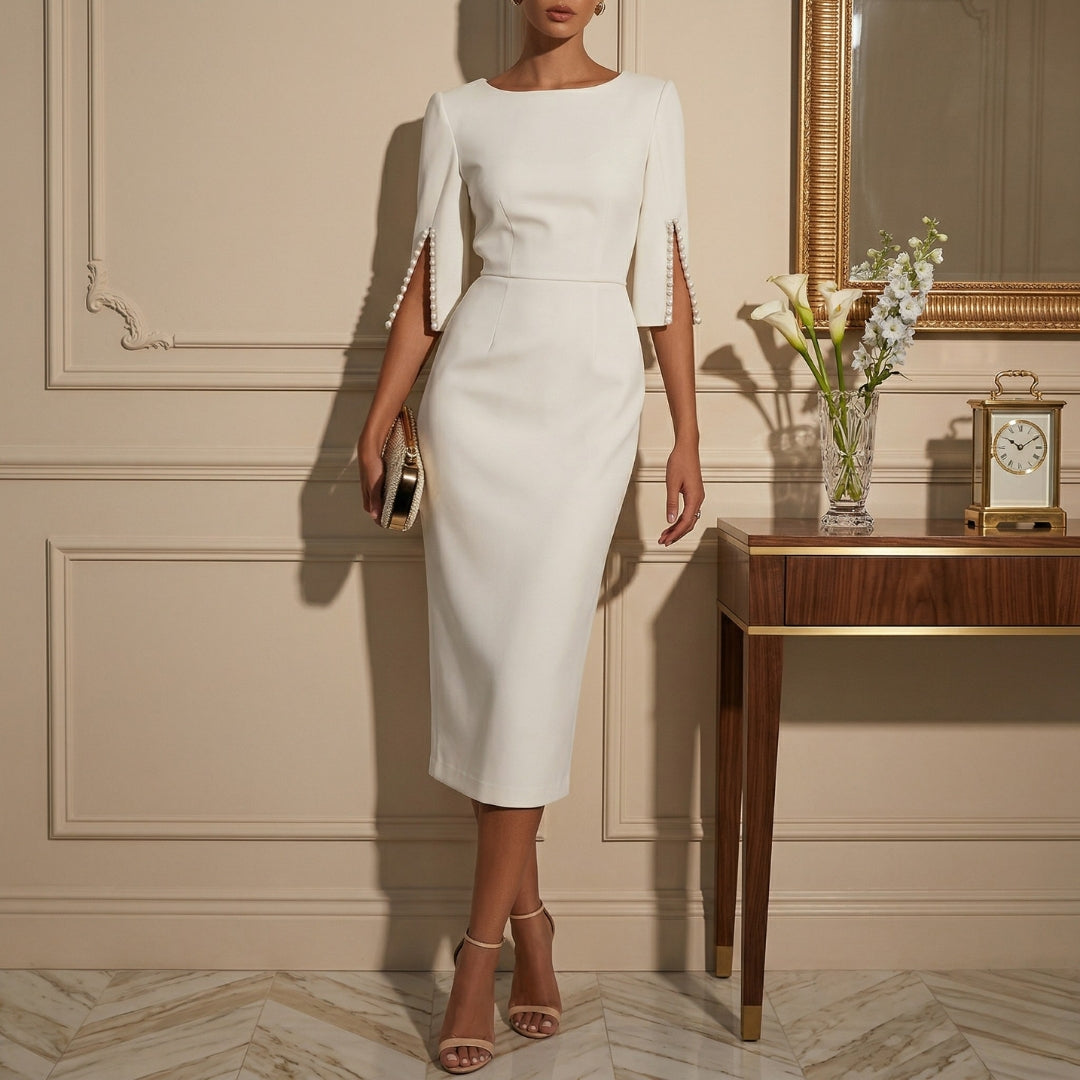 Robe Femme Midi Col Rond Manches Courtes Fendues Chic Élégant Blanc | Isabeau