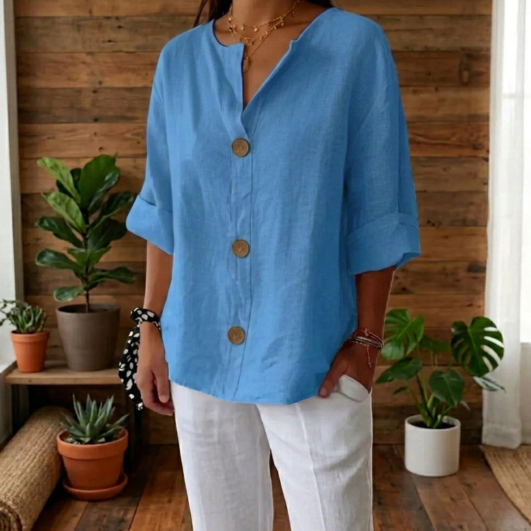 Chemisier Femme Col Mao Manches 3/4 Coupe Loose Été Casual Bleu | Isaline