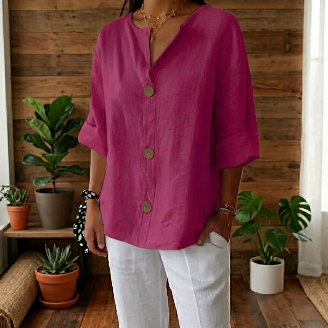 Chemisier Femme Col Mao Manches 3/4 Coupe Loose Été Casual Fuchsia | Isaline