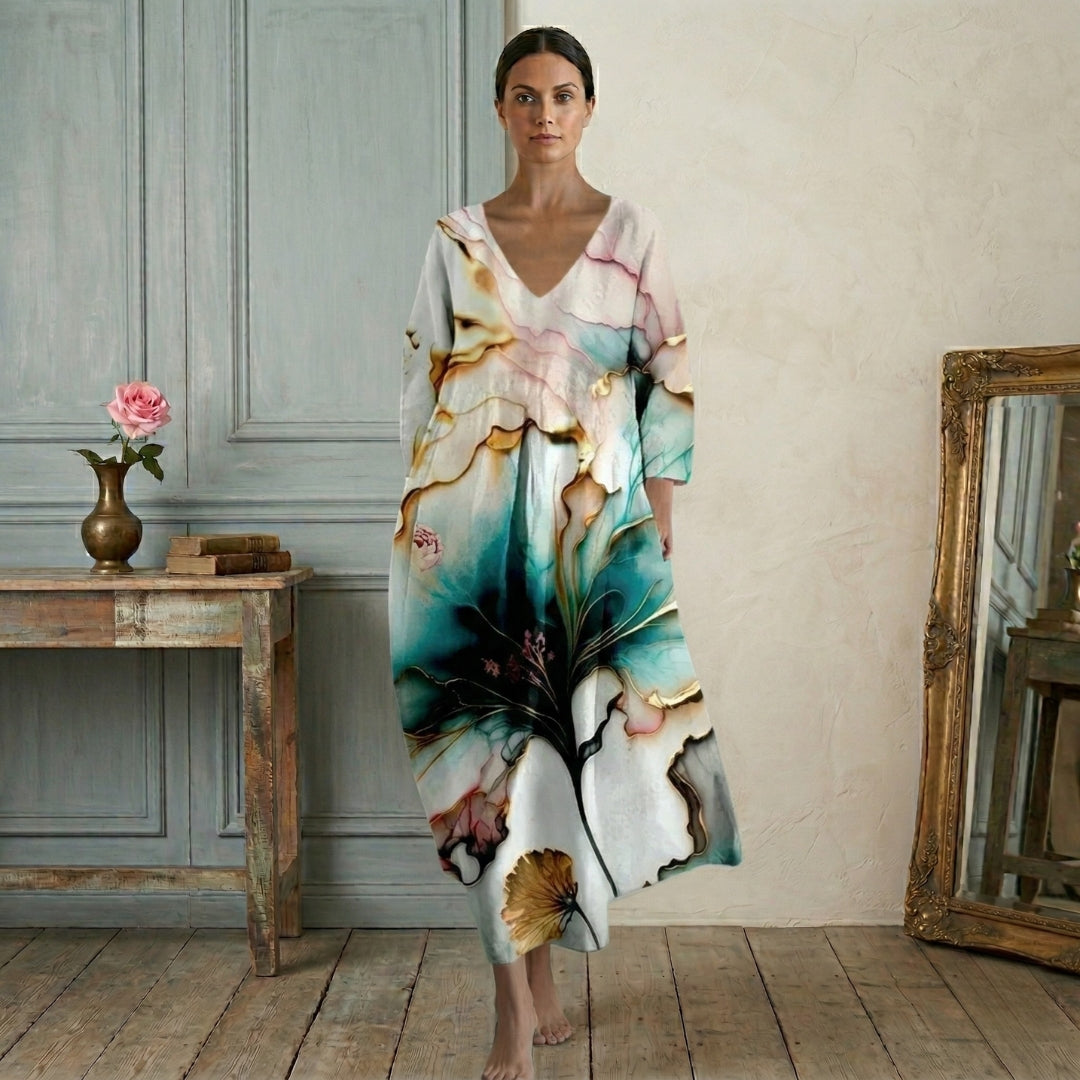 Robe Femme Longue Col V Manches Longues Oversize Imprimé Fleuri Casual