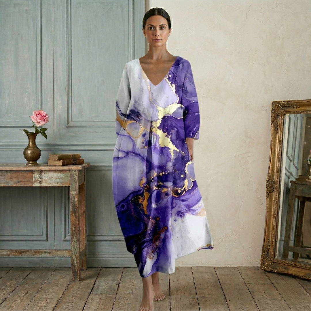 Robe Femme Longue Col V Manches Longues Oversize Imprimé Fleuri Casual