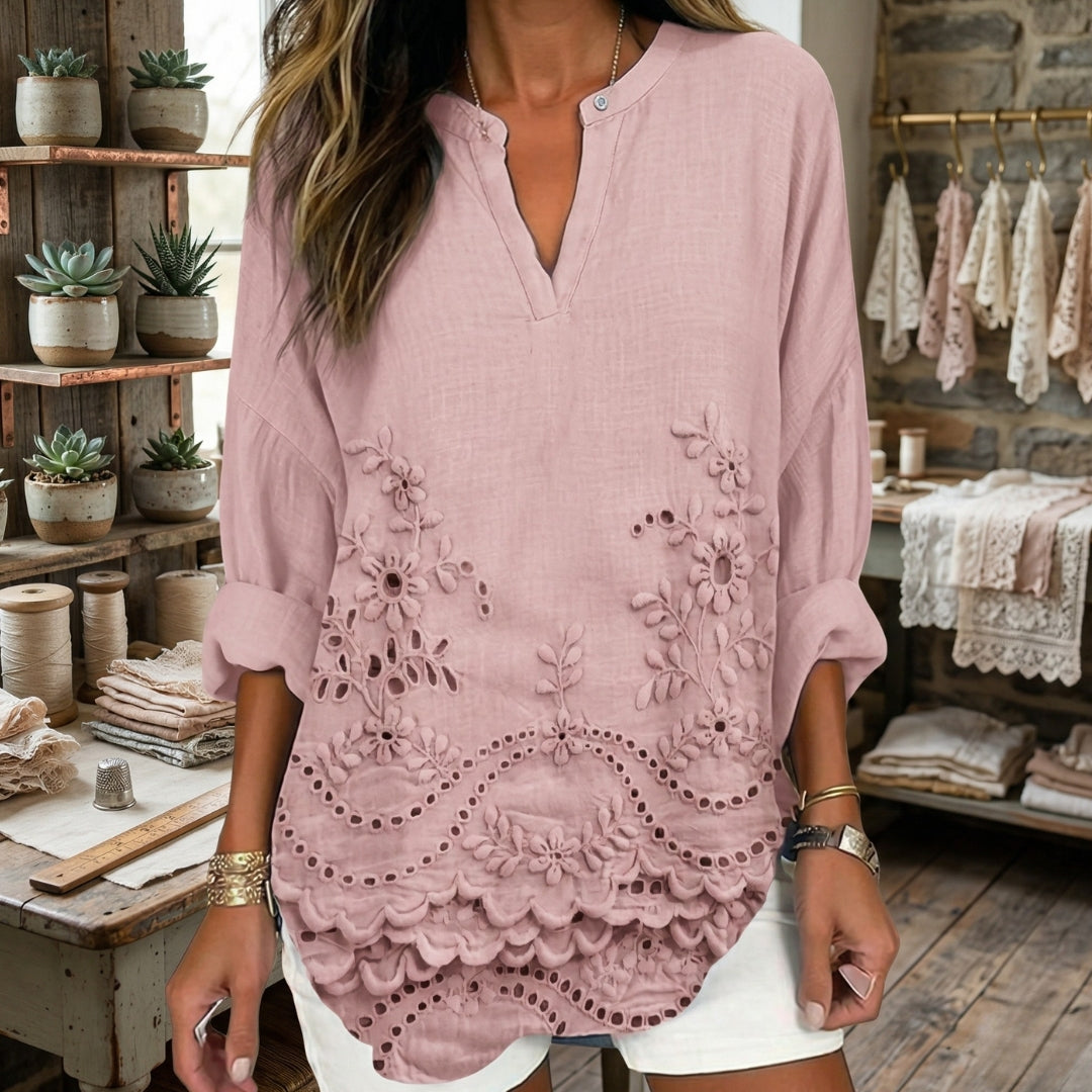 Chemisier Femme Col V Manches Longues Broderie Dentelle Été Casual Rose | Isaure