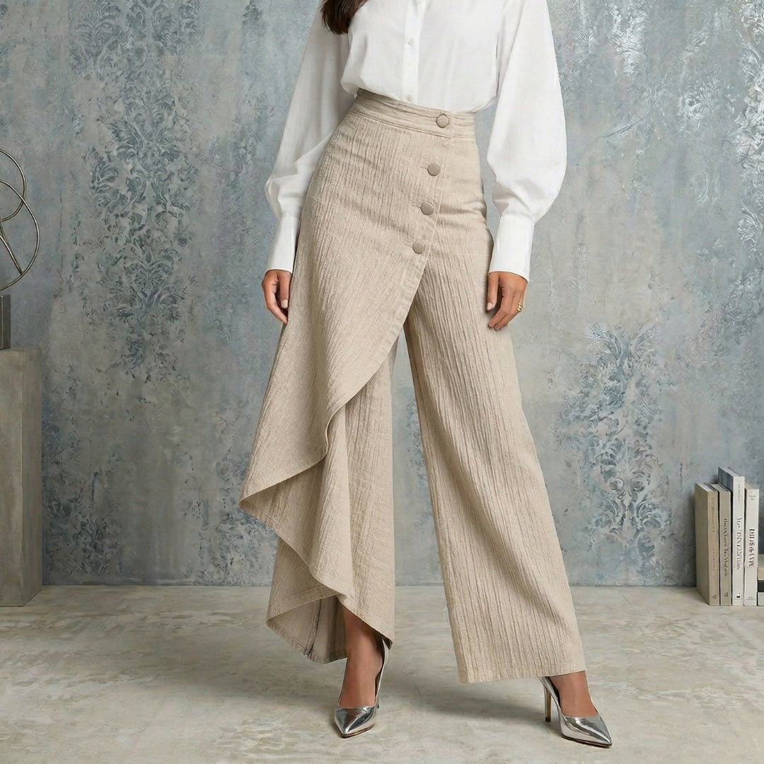 Pantalon en jean asymétrique taille haute pour femme, couleur abricot, jambes larges, coupe moderne et fluide