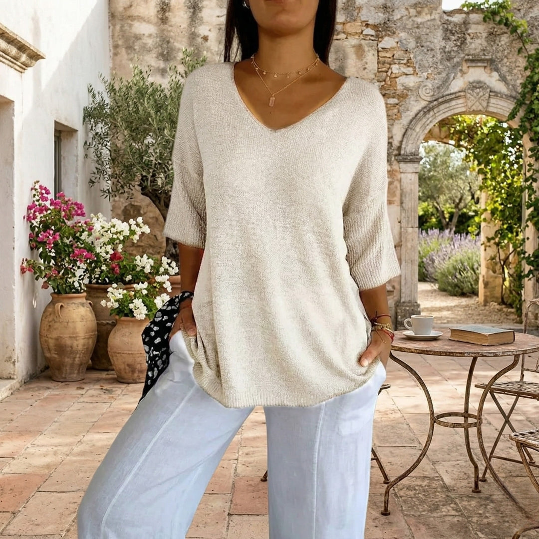 Pull Femme Oversize Col V Manches 3/4 Printemps Casual