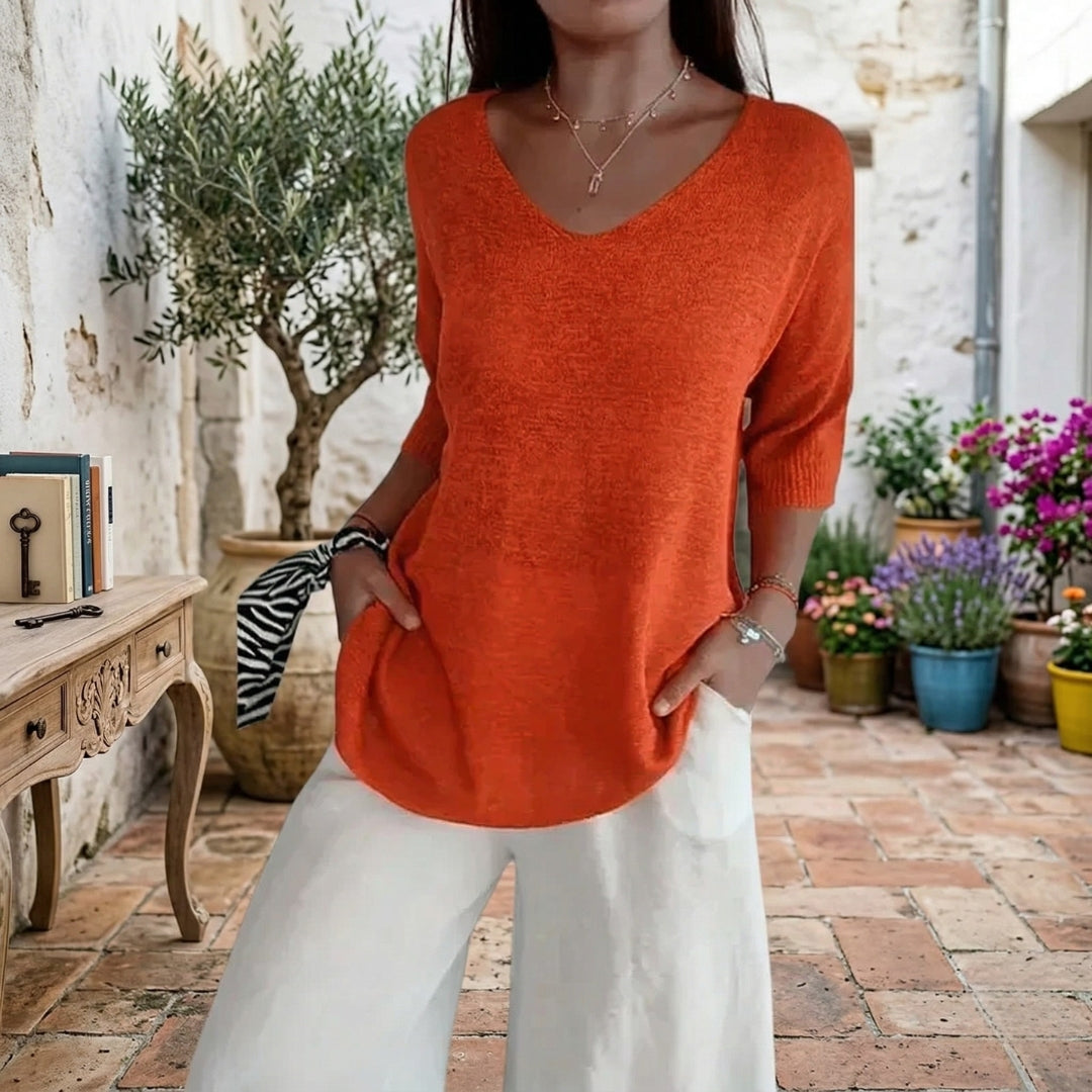Pull Femme Oversize Col V Manches 3/4 Printemps Casual