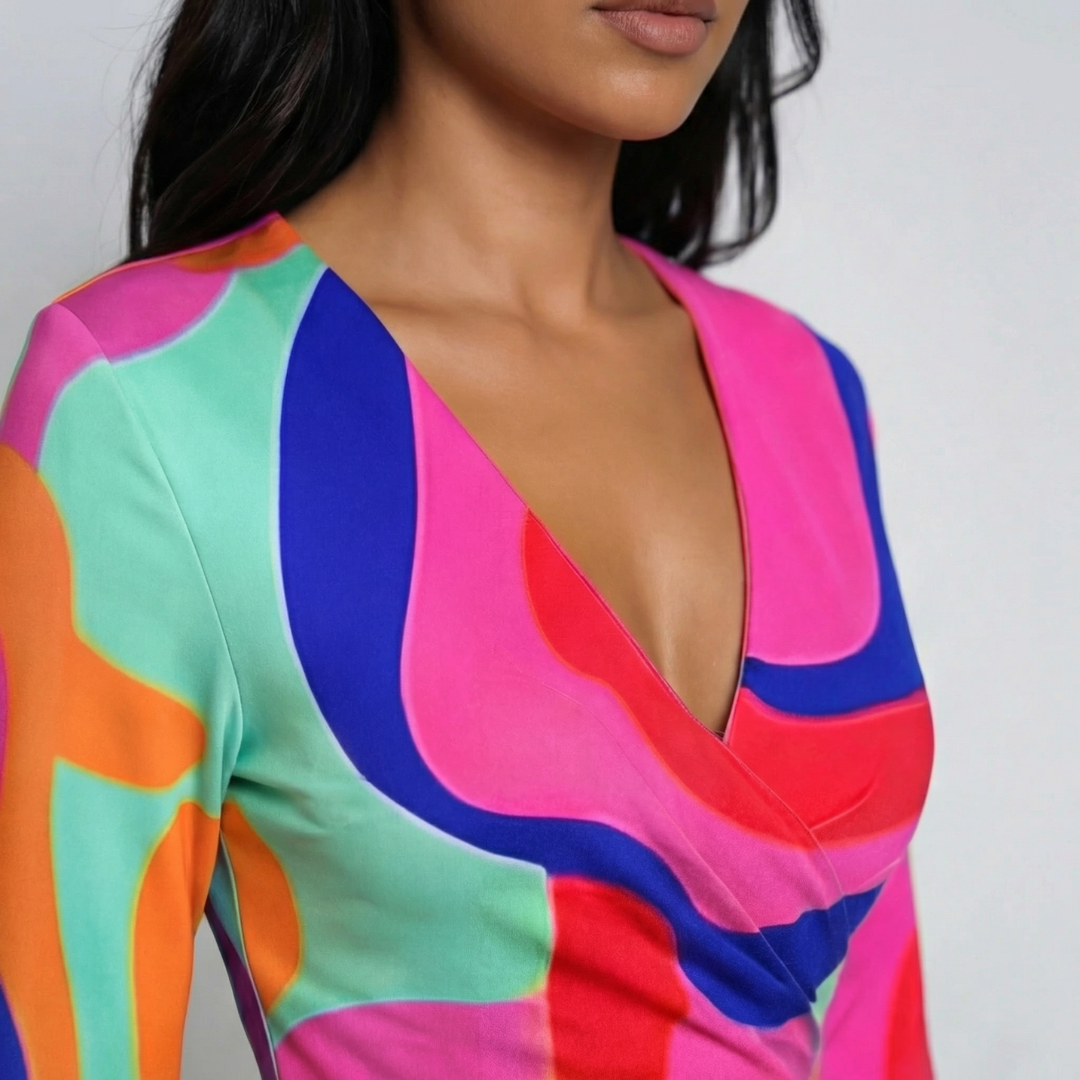 Robe maxi portefeuille à manches 3/4, imprimé multicolore abstrait aux tons rose vif, orange, vert menthe et bleu, col V croisé, vue rapprochée du buste