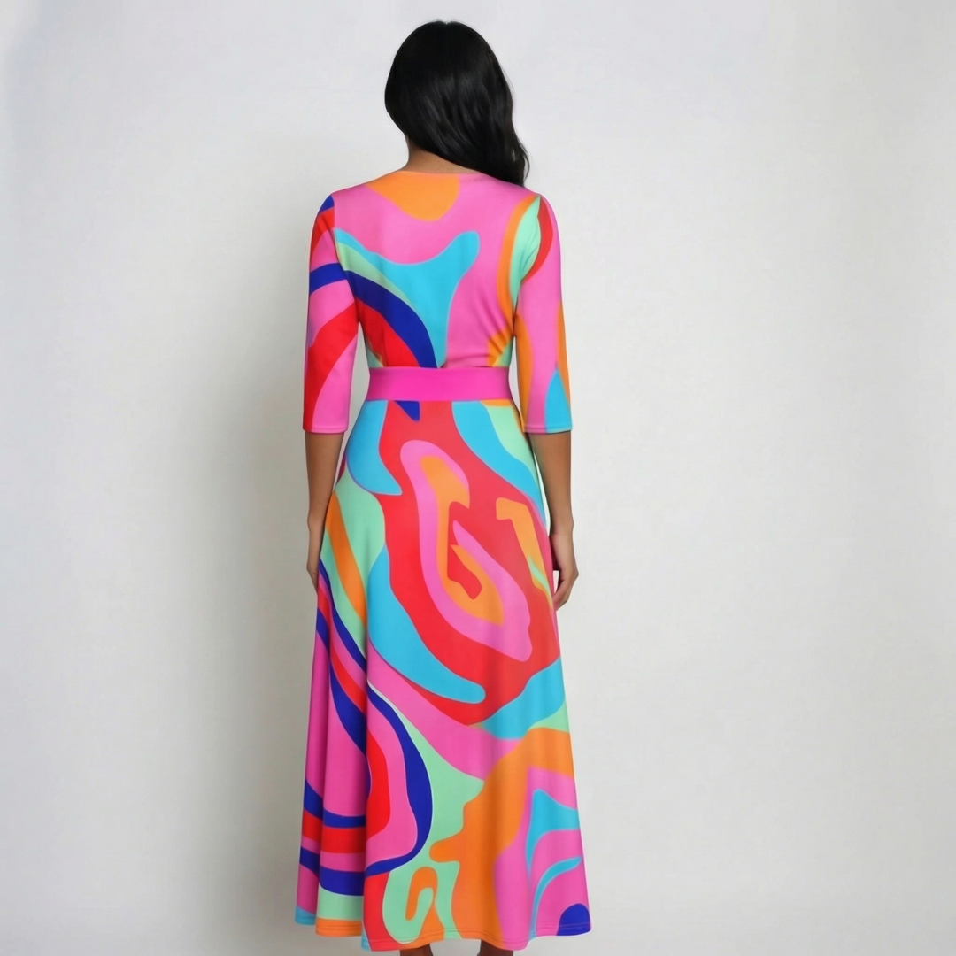 Robe maxi portefeuille à manches 3/4, imprimé multicolore abstrait aux tons rose, orange, bleu et vert vif, col V croisé, jupe évasée longue, vue de face