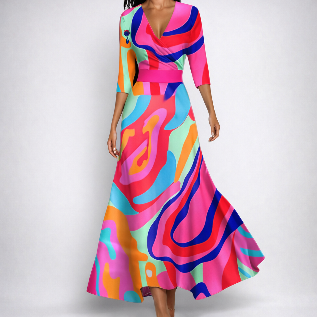 Robe maxi portefeuille à manches 3/4, imprimé tourbillon abstrait en rose fuchsia, rouge, bleu cobalt, vert menthe et orange, col V croisé, ceinture satinée, jupe évasée