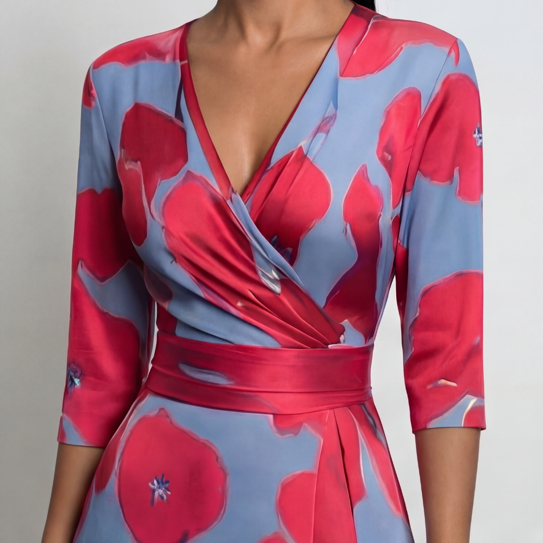 Robe maxi portefeuille à manches 3/4, fond bleu-gris avec grand imprimé coquelicot rouge et rose vif, col V croisé, ceinture satinée, vue rapprochée du buste