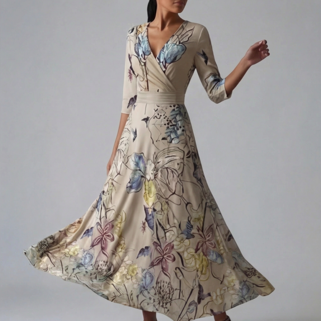 Robe maxi portefeuille à manches 3/4, fond sable beige avec imprimé floral délicat multicolore, col V croisé, ceinture fine, jupe évasée fluide