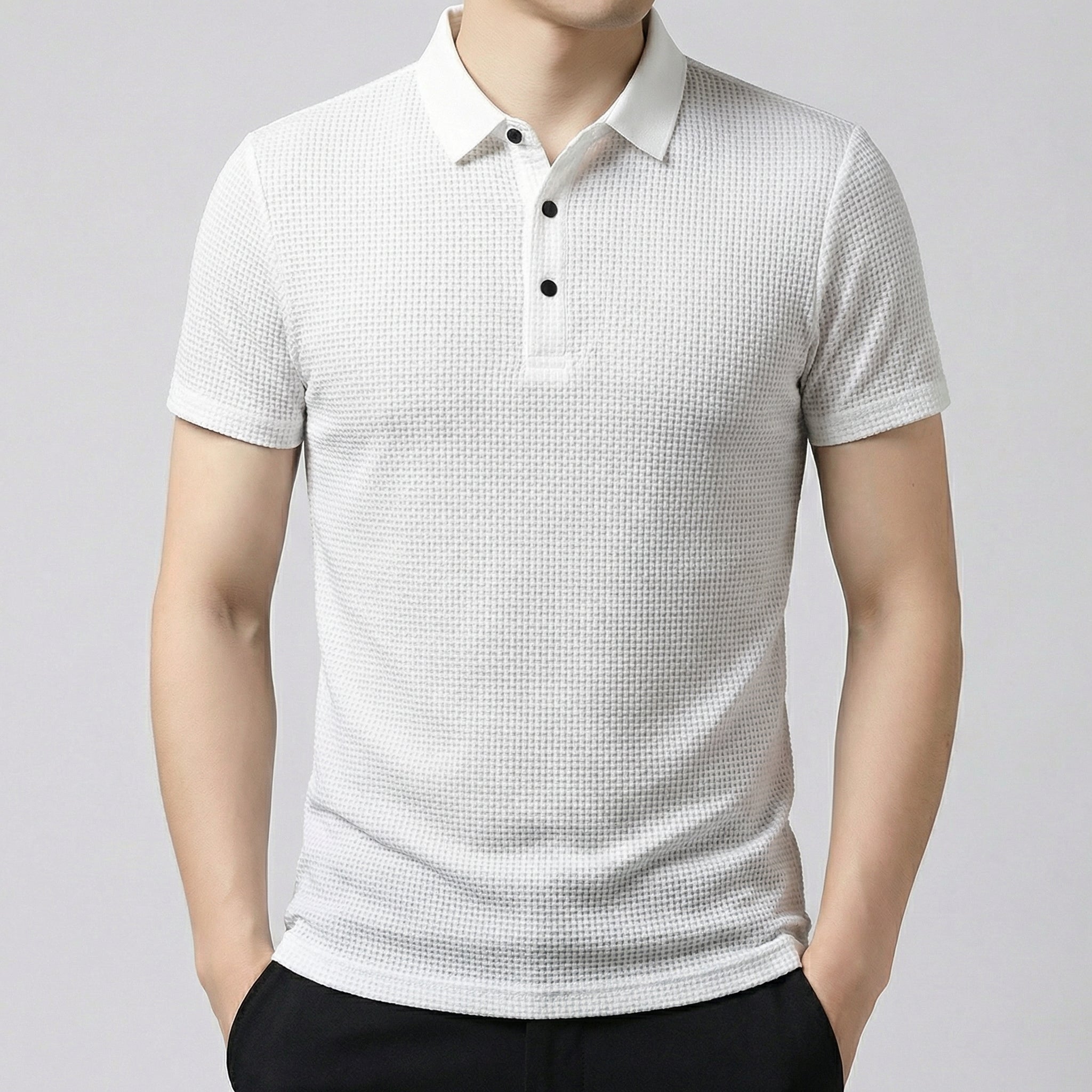 Polo slim fit pour homme en tissu blanc avec motif texturé, col boutonné et manches courtes ajustées