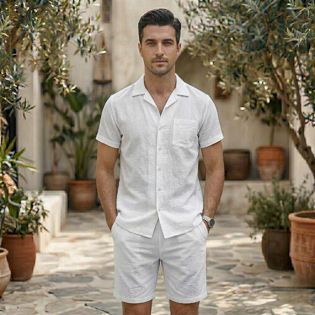 Ensemble Homme Short et Chemise Manches Courtes Col V Lin Casual Blanc | Lysander