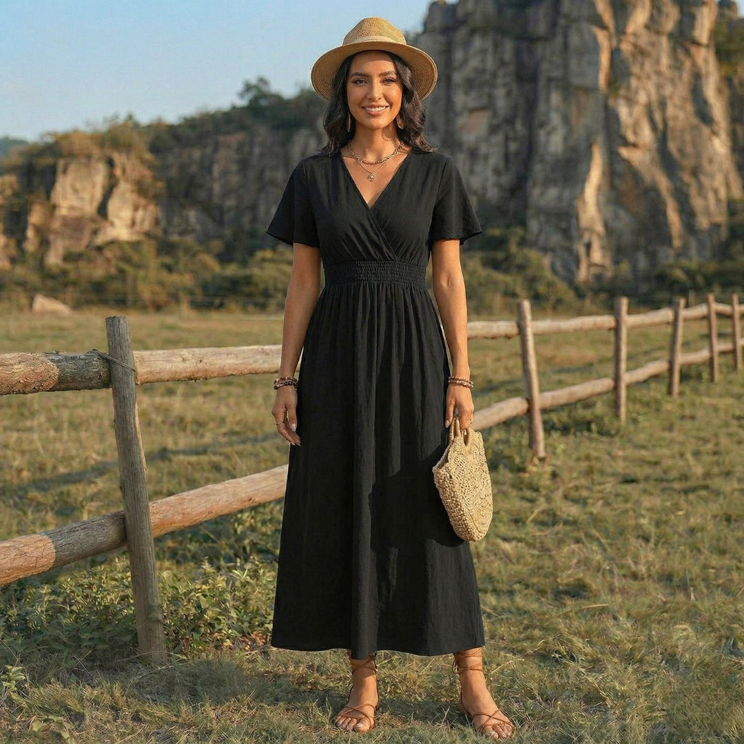Robe Femme Longue Col V Manches Courtes Taille Froncée Casual Noir | Maëlle