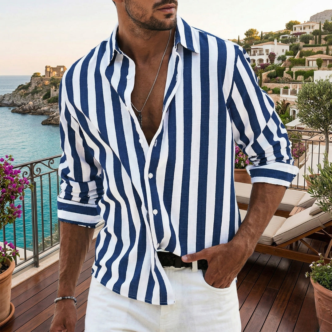 Chemise Casual Homme Col V Manches Longues Rayures Coloris Bleu | Matteo
