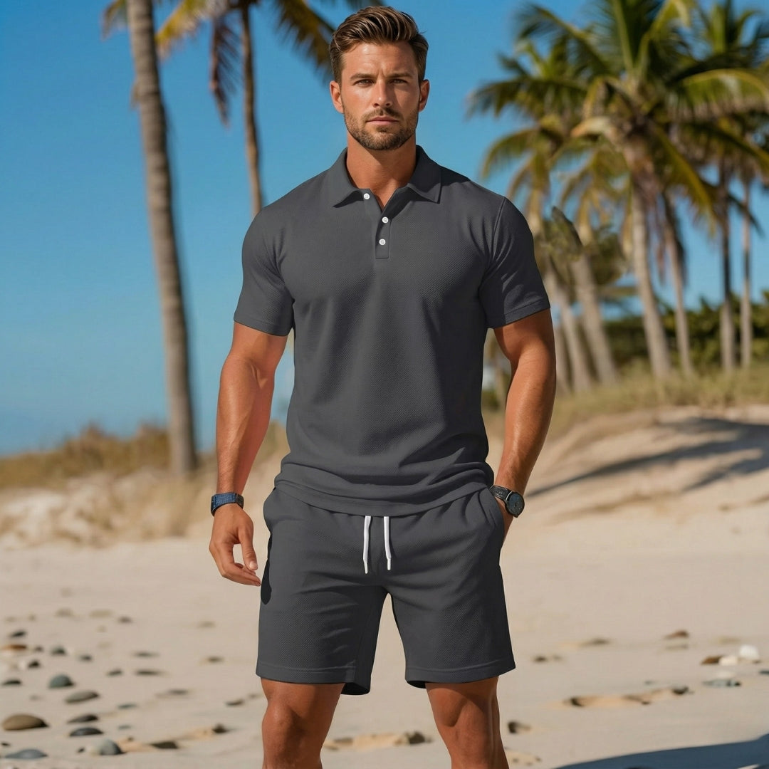 Ensemble Homme Polo Col Boutonné Short Cordon Casual Plage | Matteo - Gris Foncé