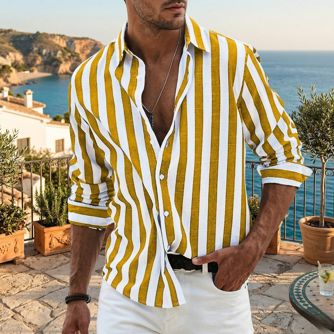 Chemise Casual Homme Col V Manches Longues Rayures Coloris Orange | Matteo