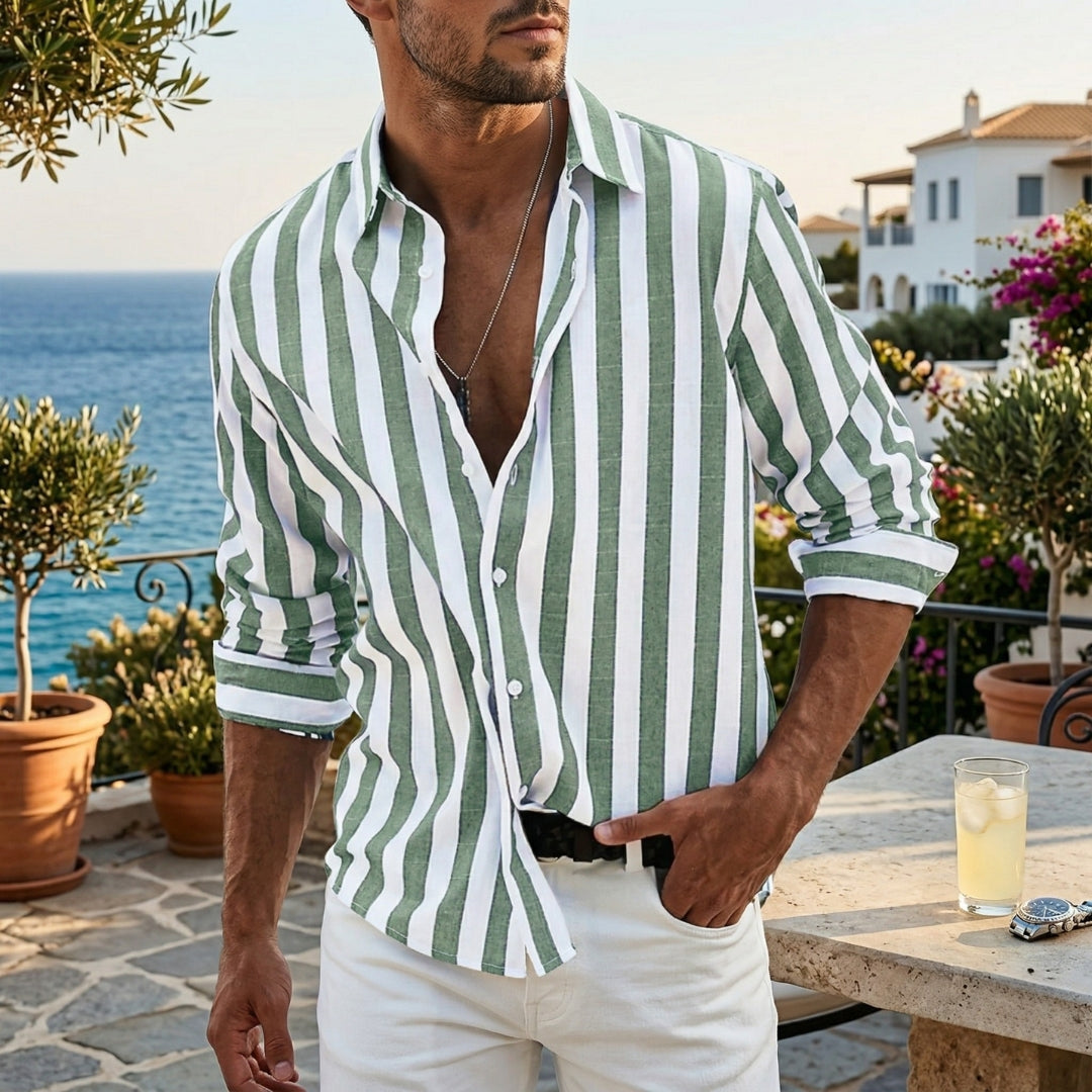 Chemise Homme Rayée Manches Longues Col V Coupe Décontractée Vert | Matteo