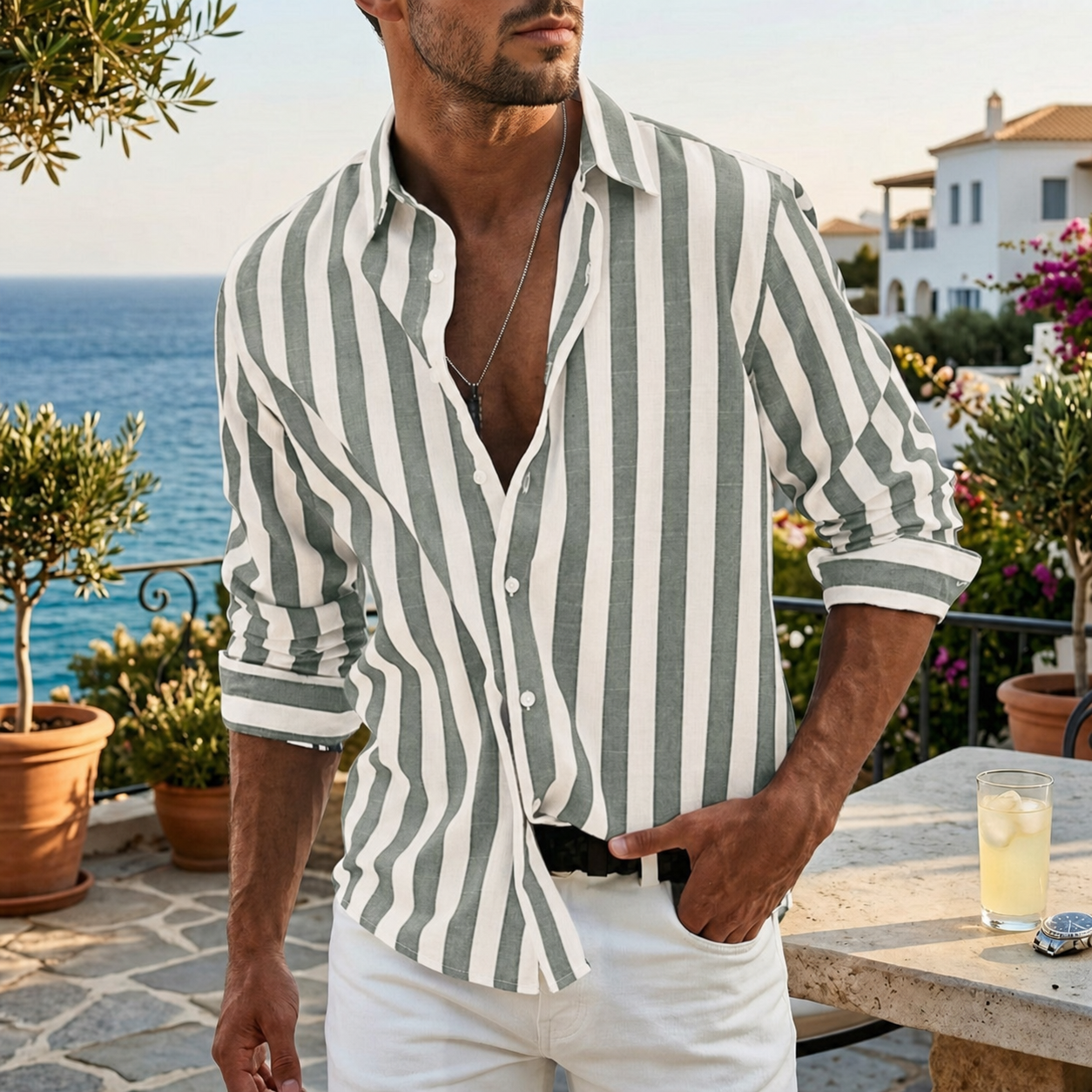 Chemise Homme Rayée Manches Longues Col V Coupe Décontractée Vert | Matteo