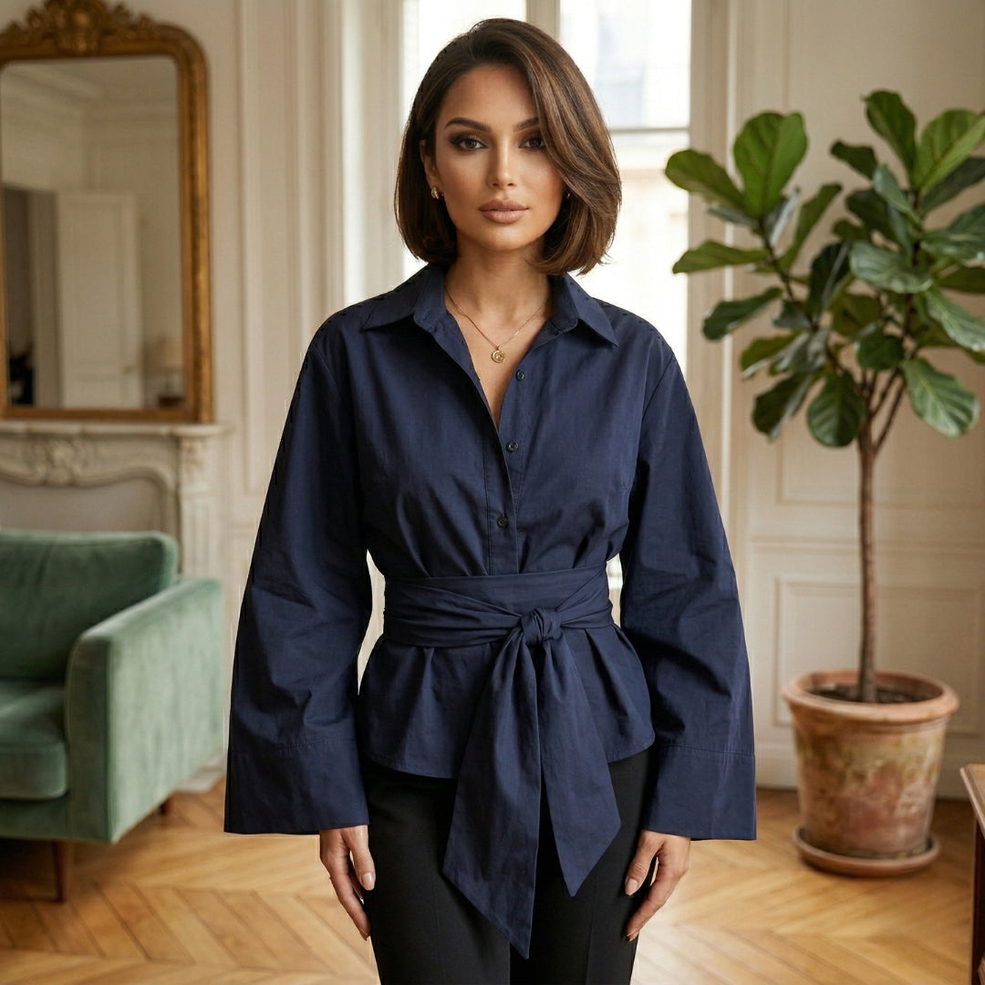 Chemisier Femme Oversize Col Chemise Manches Longues Ceinturé Chic | Naïa – Bleu Foncé