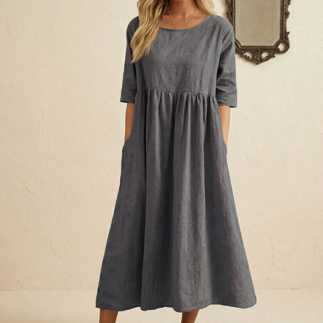 Robe Femme Longue Col Rond Manches 3/4 Coupe Ample Été Casual Gris | Noéline
