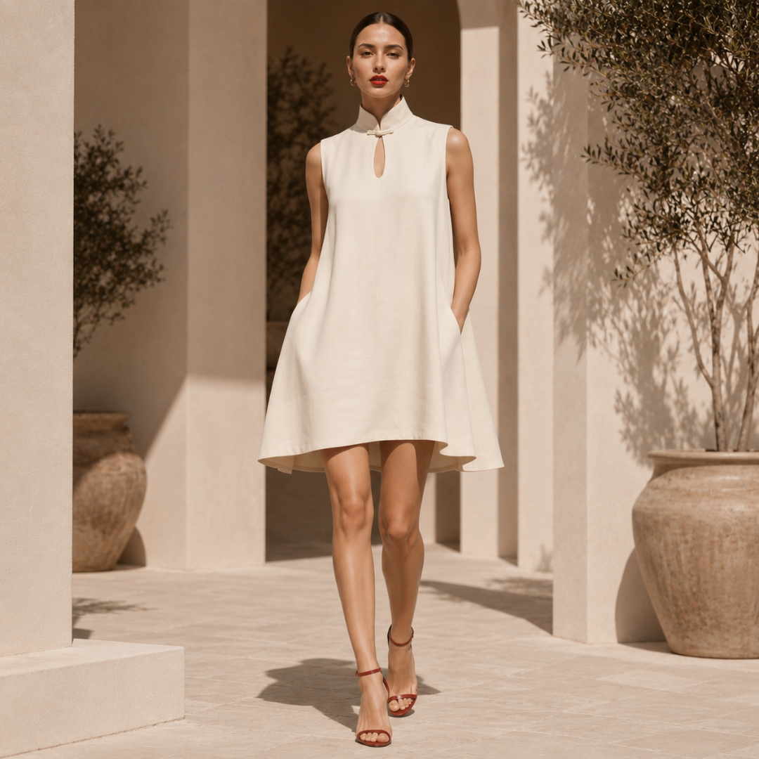 Robe Femme Trapèze Courte Col Mao Boutonné Sans Manches Avec Poches Été Cocktail Chic | Rosalie