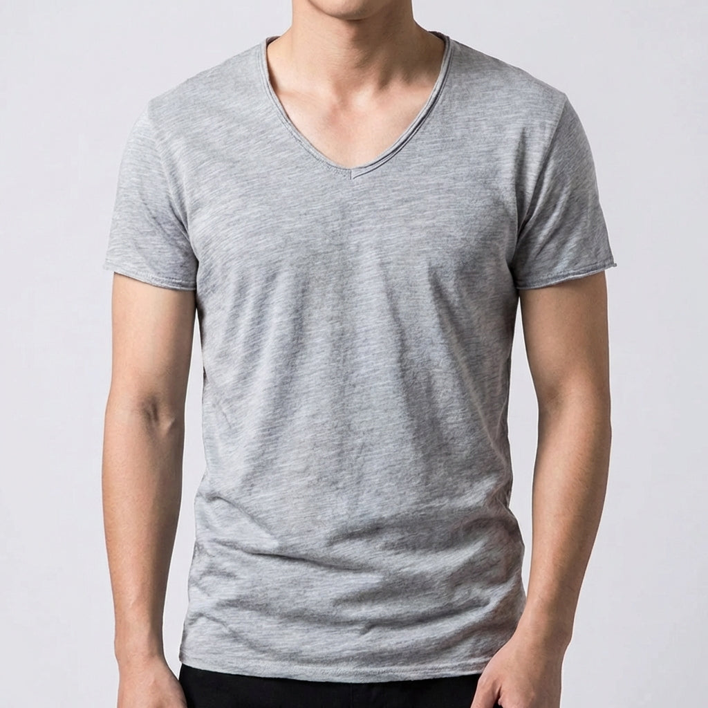 T-shirt homme gris clair à col en V et manches courtes, coupe ajustée