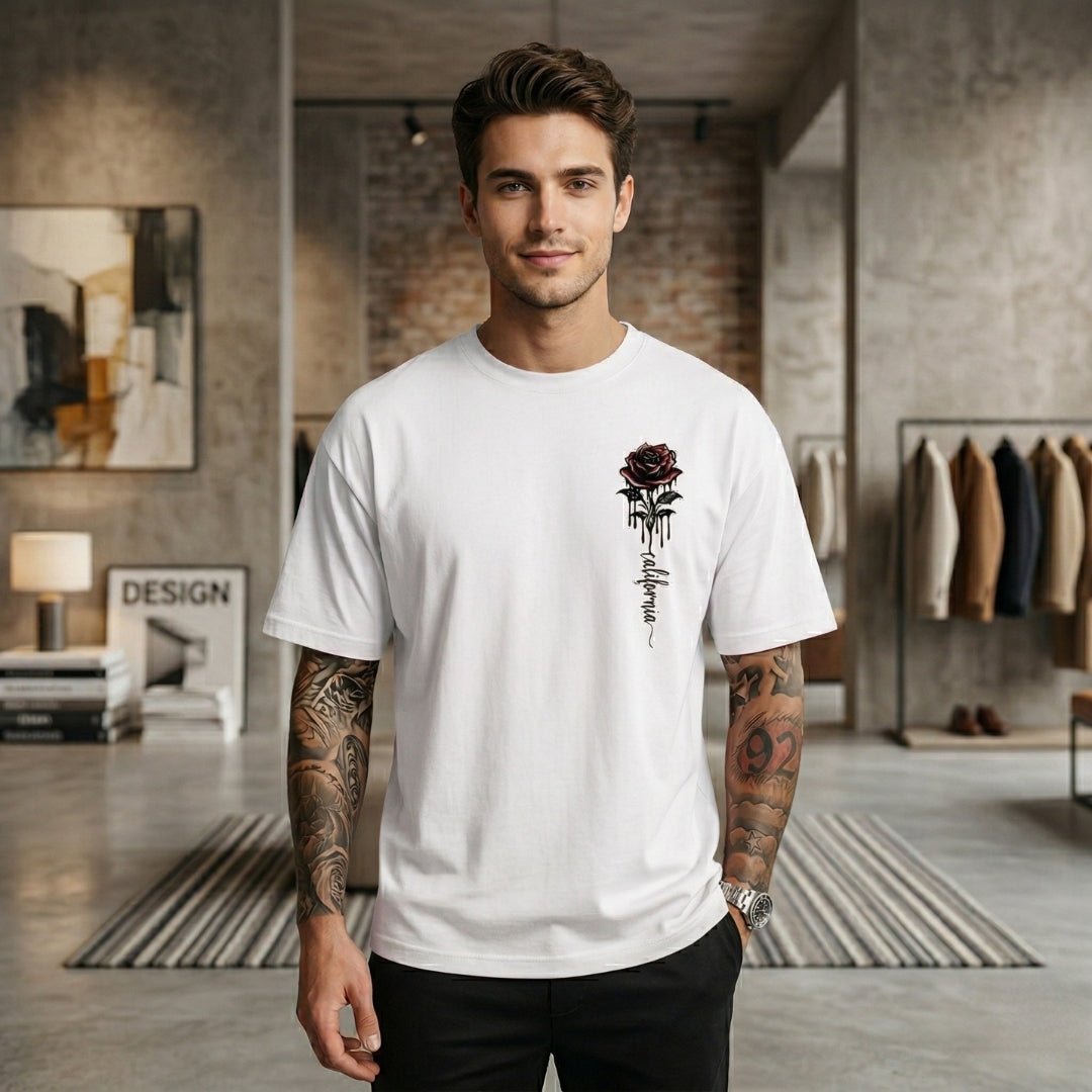 T-Shirt Homme Oversize Col Rond Manches Courtes Motif Rose Graphique | Ronan - Blanc