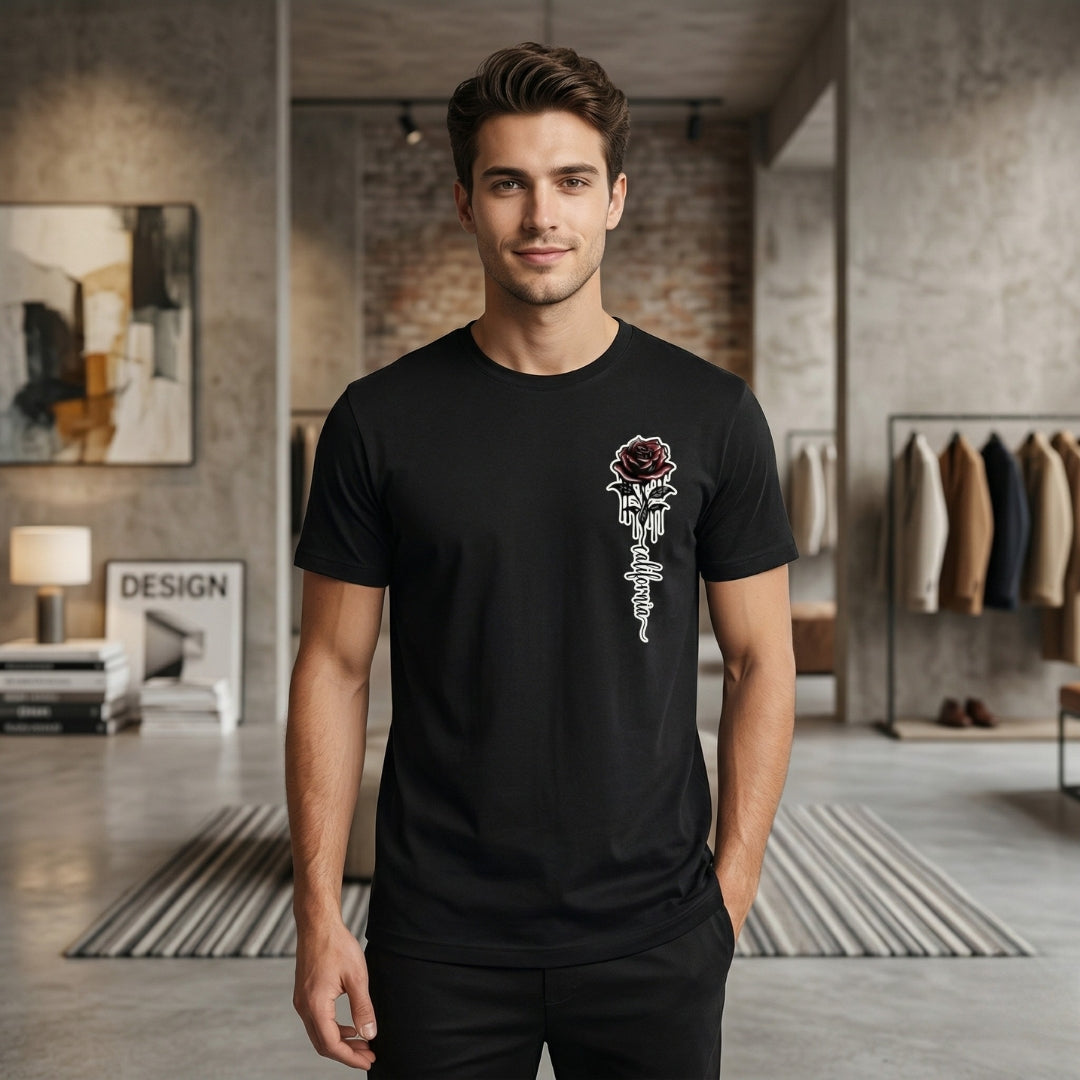T-Shirt Homme Oversize Col Rond Manches Courtes Motif Rose Graphique | Ronan - Noir