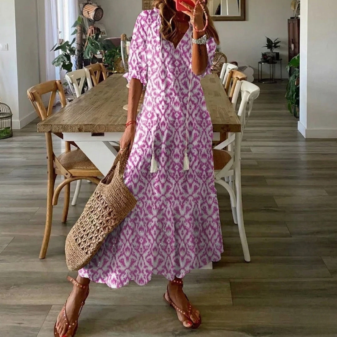 Robe Femme Longue Col V Manches Courtes Été Bohème Imprimé Fleuri | Serena - Violet