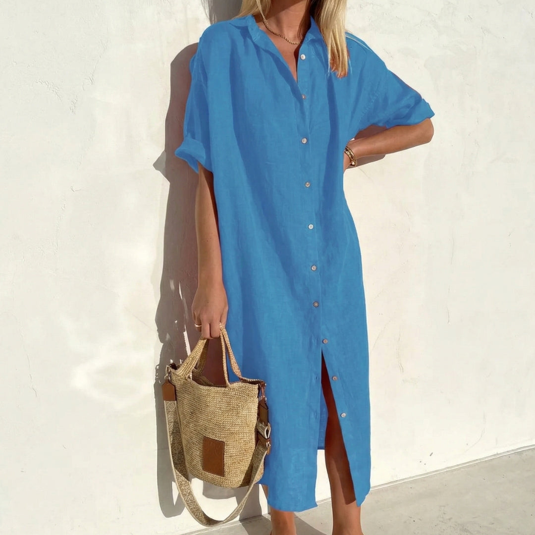 Robe Femme Longue Chemise Col Boutonné Manches Courtes Été Casual Bleue | Solène