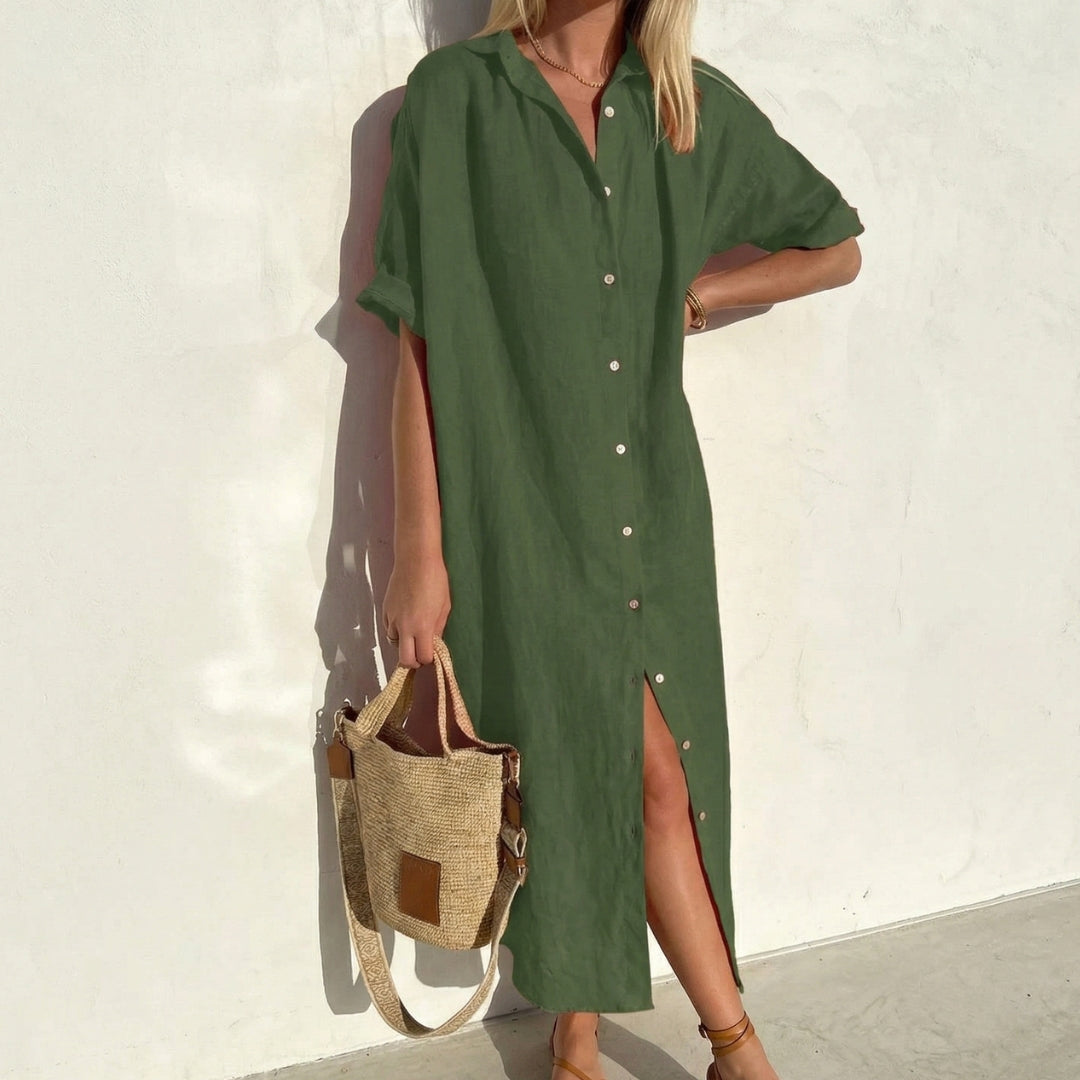 Robe Femme Longue Chemise Col Boutonné Manches Courtes Été Casual Vert Olive | Solène