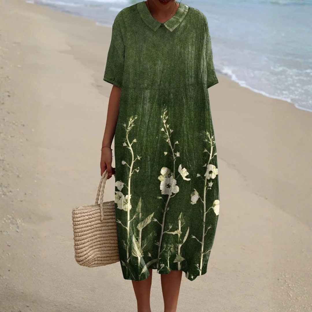 Robe midi femme imprimé floral fond vert foncé, col chemise, coupe oversize, manches courtes