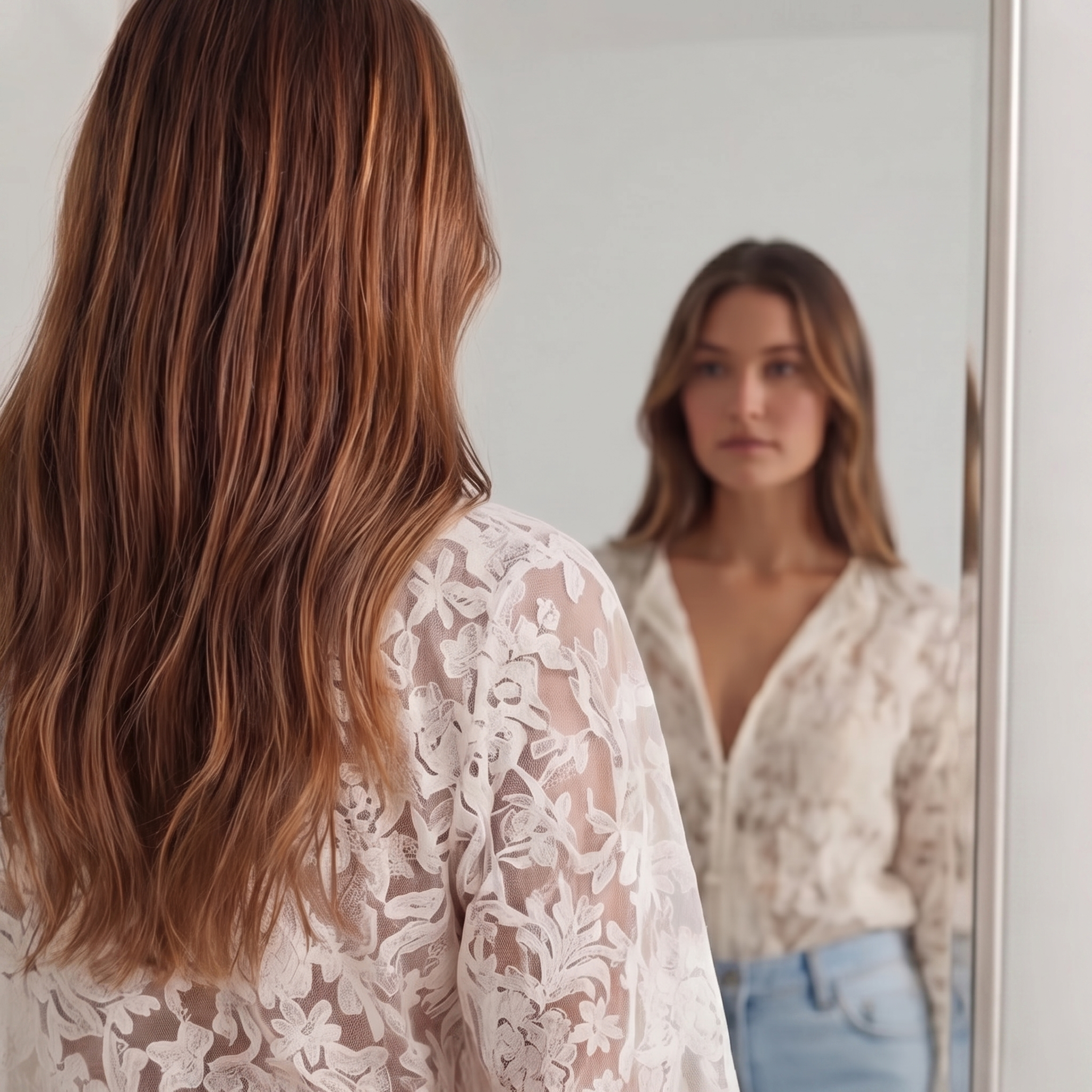 Profil chemisier dentelle florale beige cassé femme coupe crop