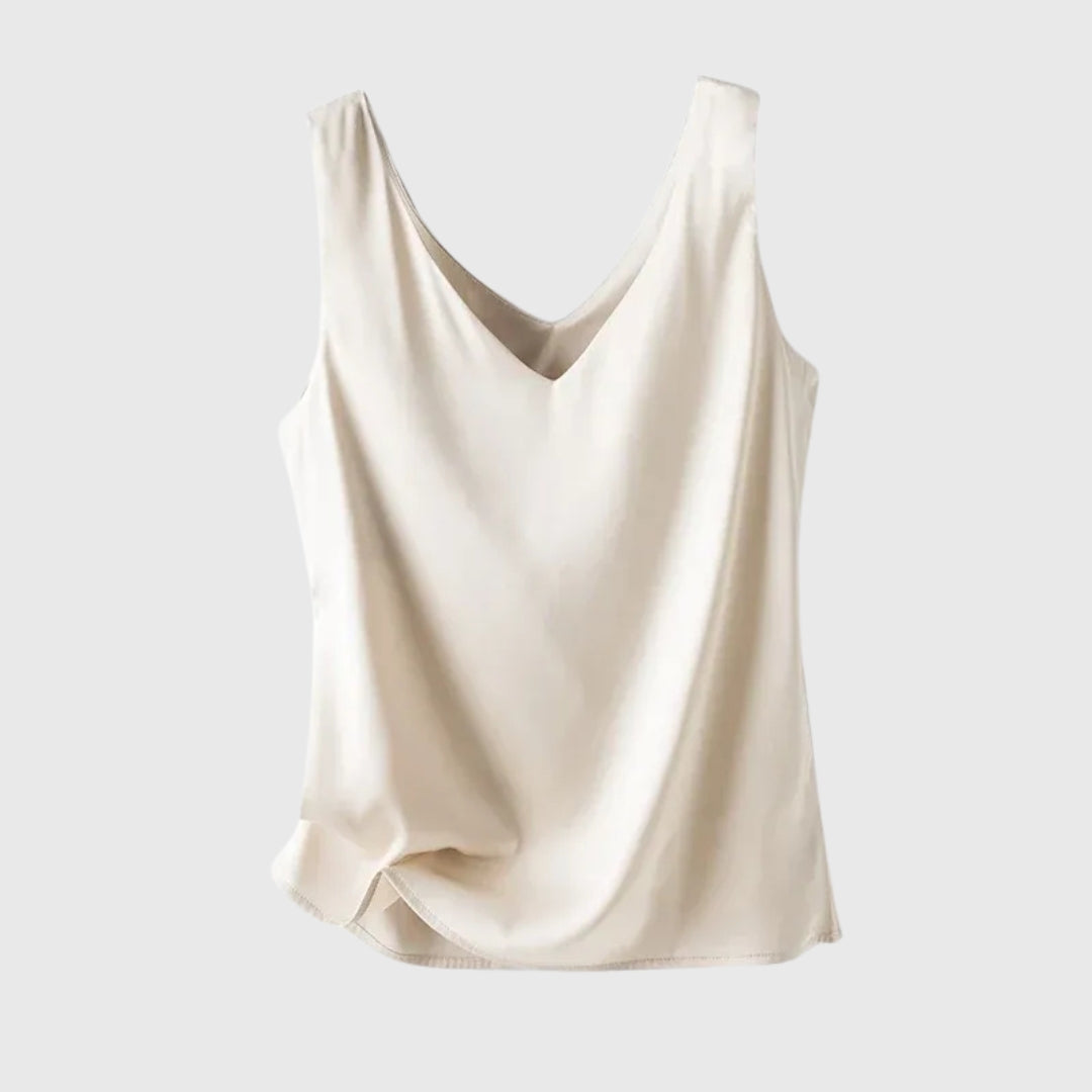 Débardeur femme col V beige ivoire à plat sur fond neutre
