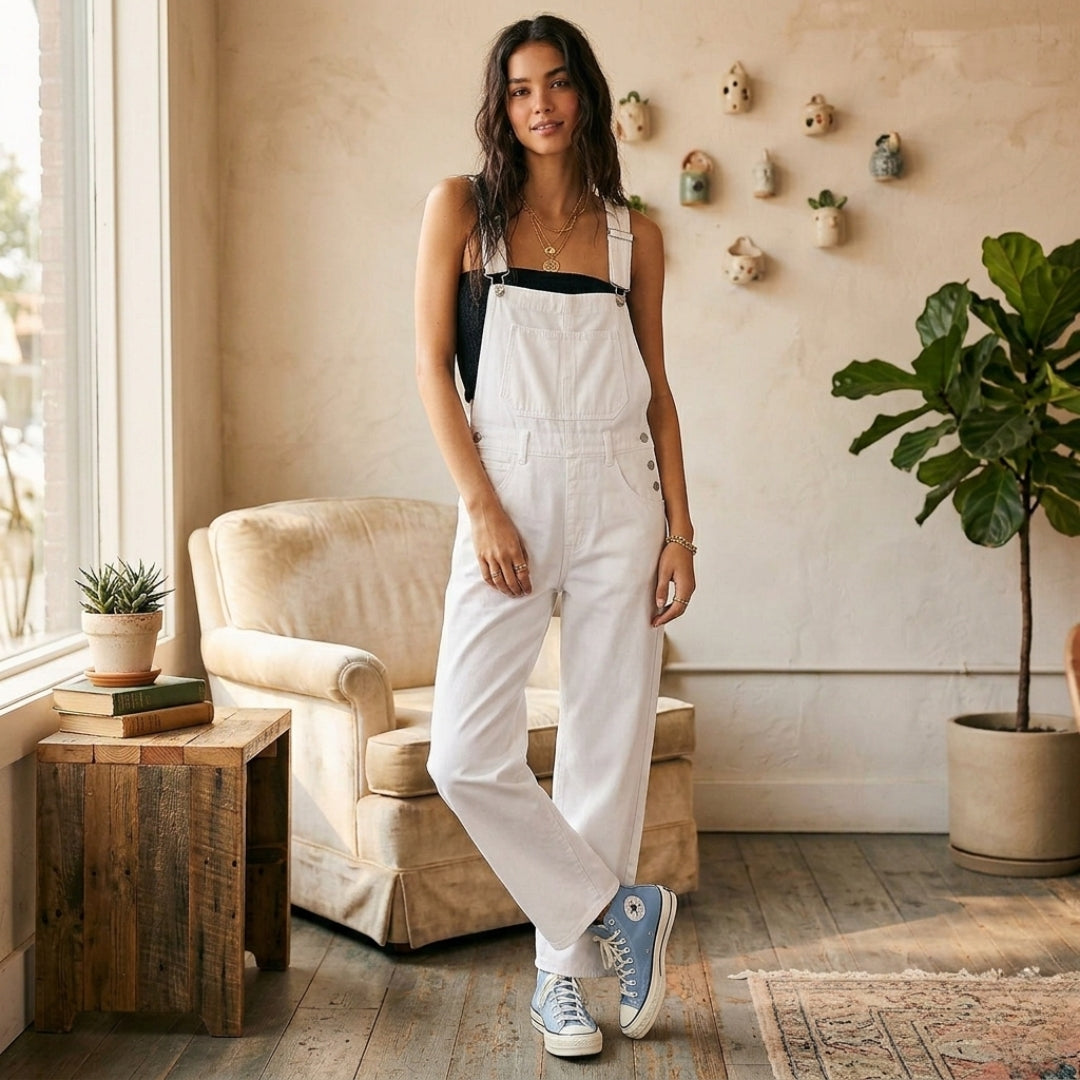 Combinaison Salopette Femme Jean Bretelles Larges Coupe Droite Casual Blanc | Zélie