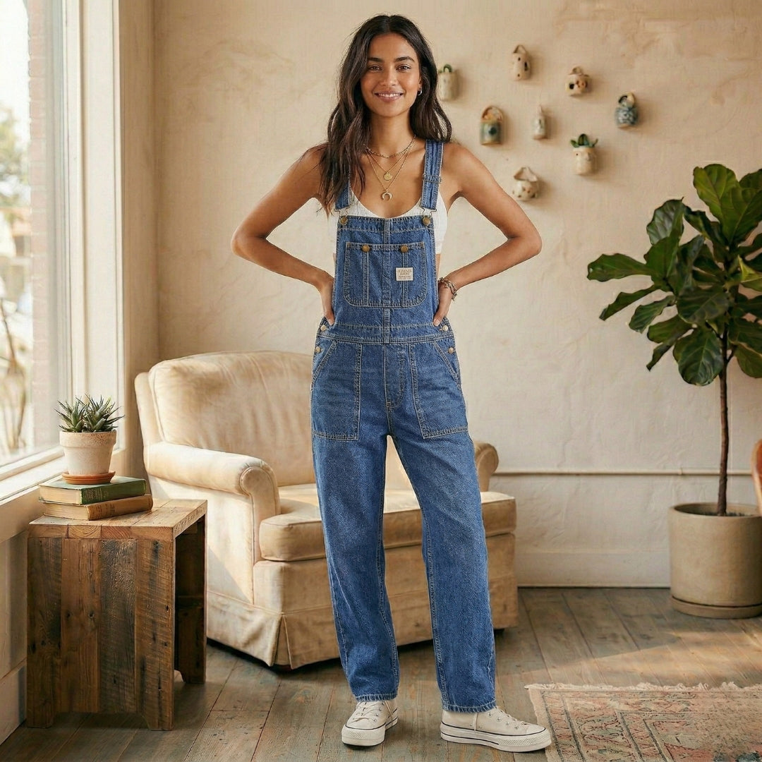 Combinaison Salopette Femme Jean Bretelles Larges Coupe Droite Casual Bleu Foncé | Zélie