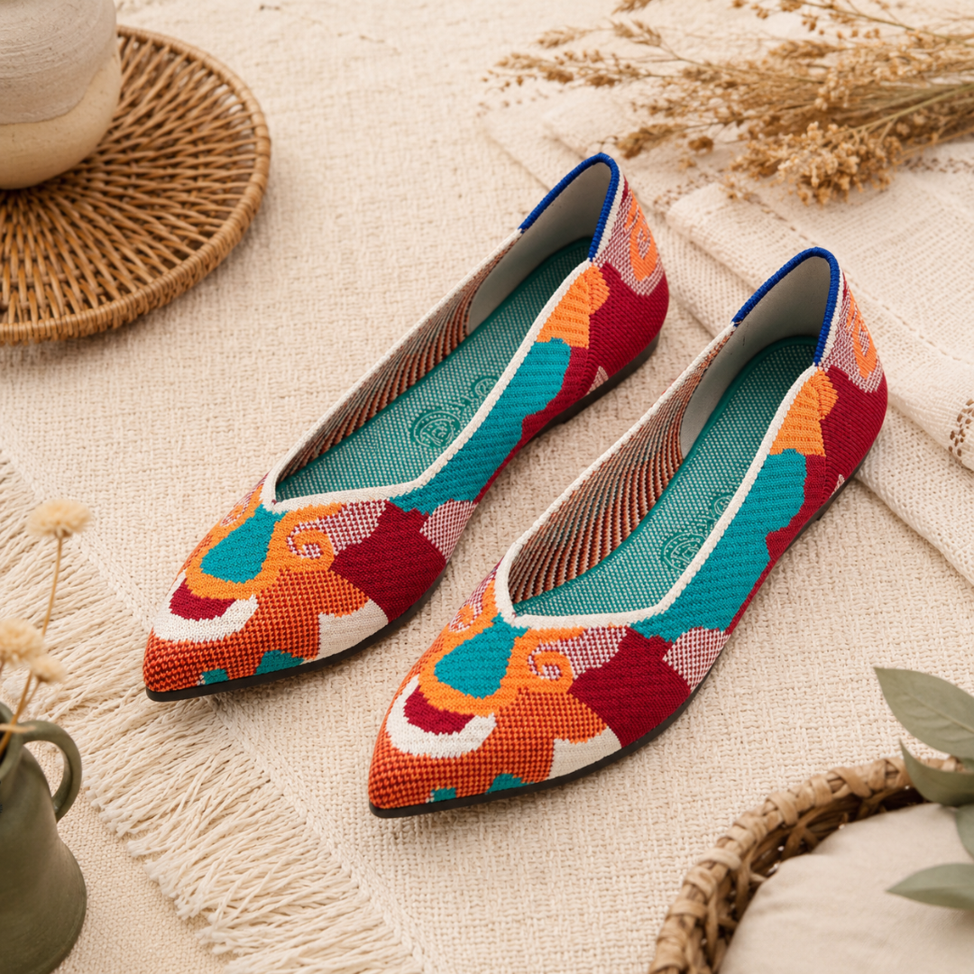 Ballerines multicolores orange, rouge et turquoise à motifs patchwork et liseré bleu