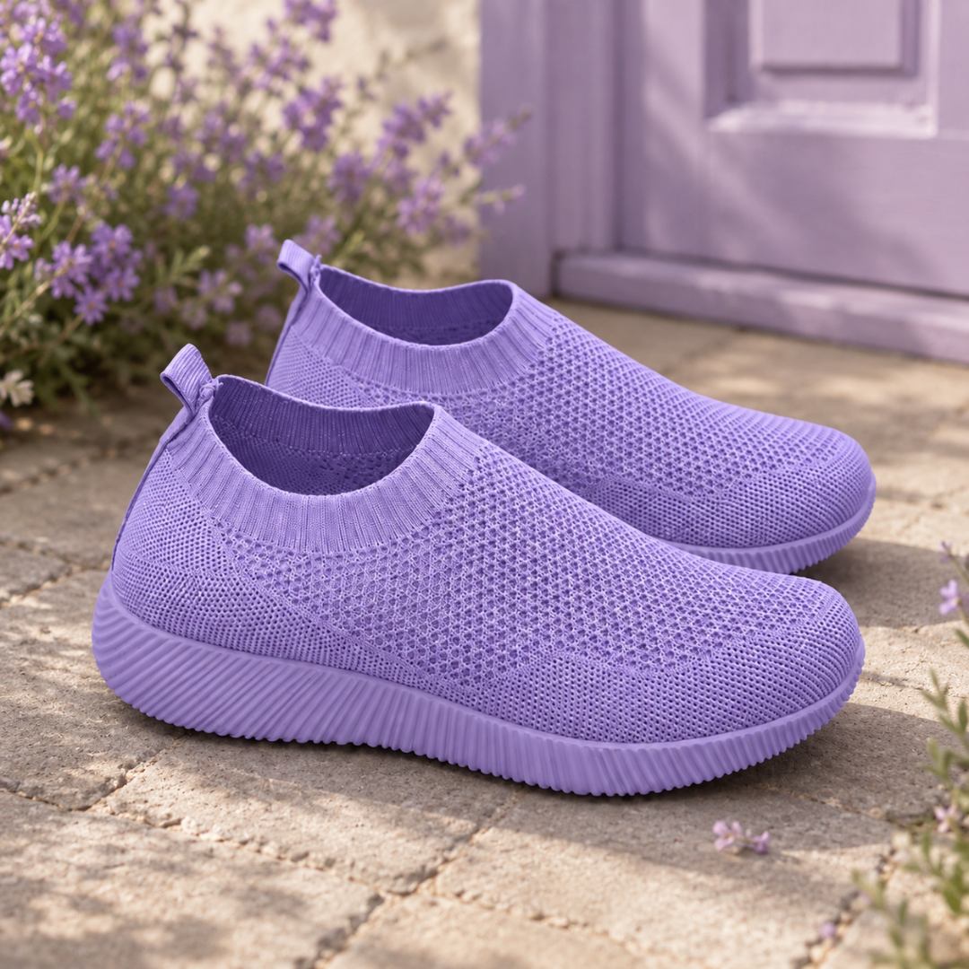 Baskets femme violet à enfiler, tige ajourée et semelle souple assortie